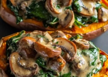 Boniato con relleno cremoso de espinaca y champignones