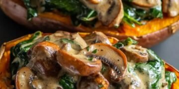 Boniato con relleno cremoso de espinaca y champignones