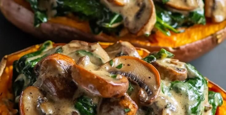 Boniato con relleno cremoso de espinaca y champignones